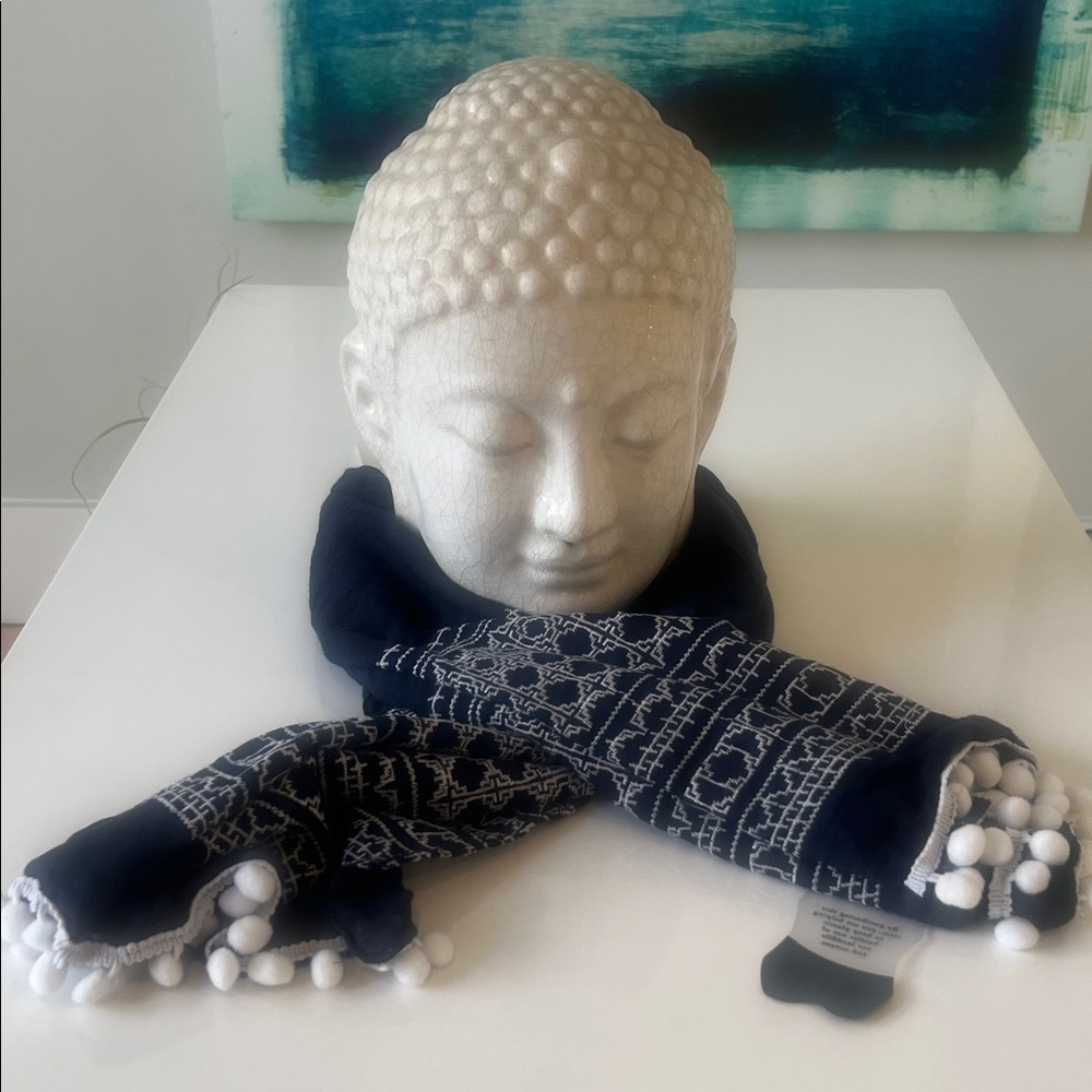 Elegant Navy and White Scarf with Pom Poms